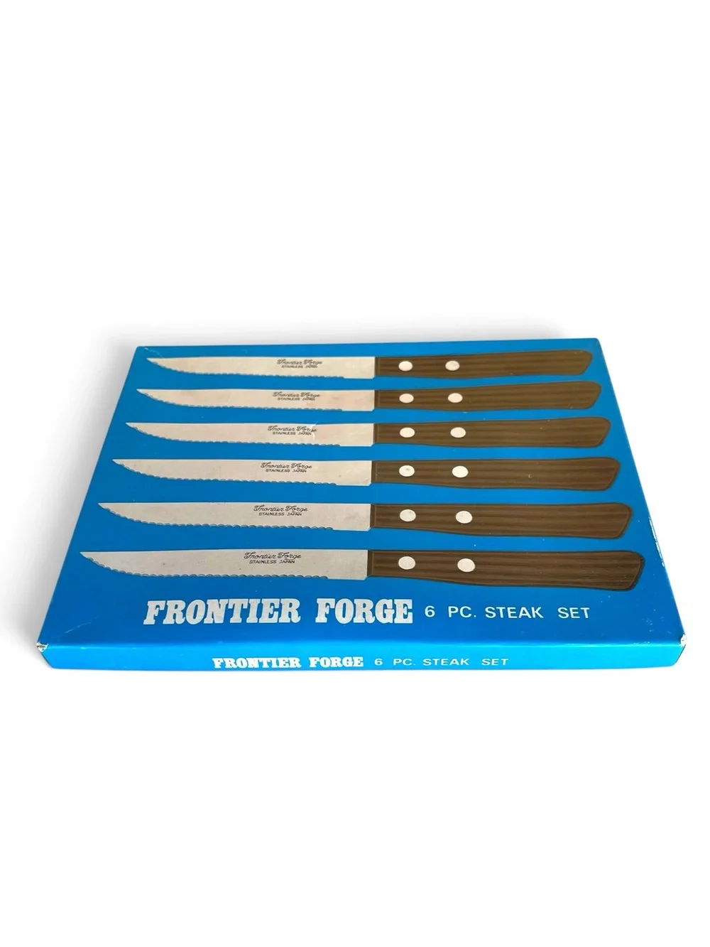 Frontier Forge Serrated Blade Riveted Wood Grain Handle Steak Knives Set of 5